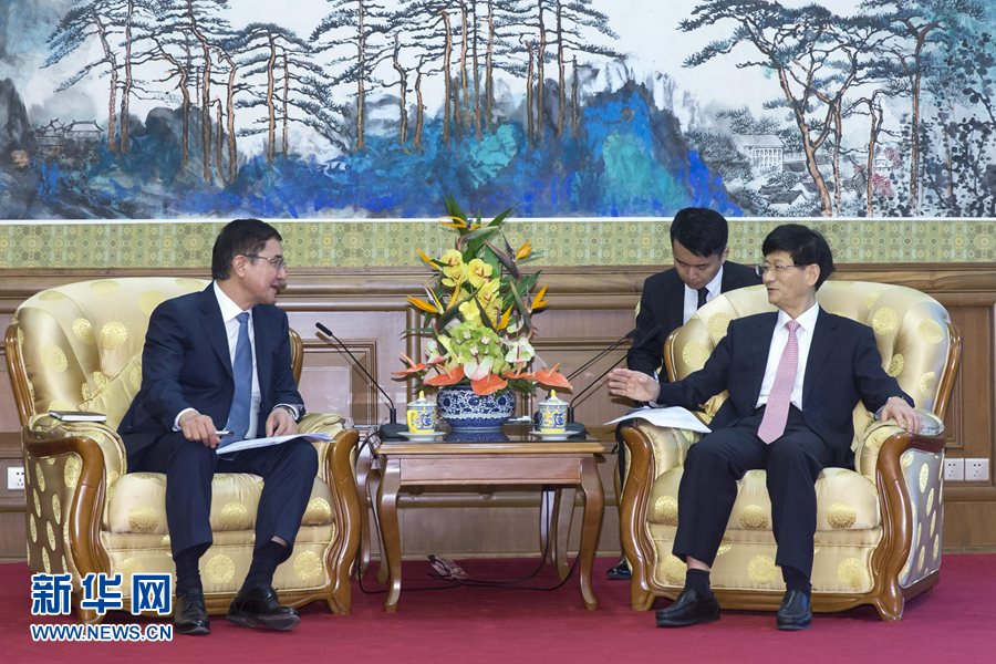 7月19日，中共中央政治局委員、中央政法委書記孟建柱在北京會(huì)見烏茲別克斯坦副總理庫奇卡羅夫。 新華社記者崔新鈺攝