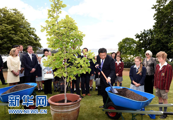 11月18日，國家主席習(xí)近平在澳大利亞塔斯馬尼亞州與朗塞斯頓市斯科奇－歐克伯恩小學(xué)的小學(xué)生共同植樹。新華社記者 饒愛民 攝
